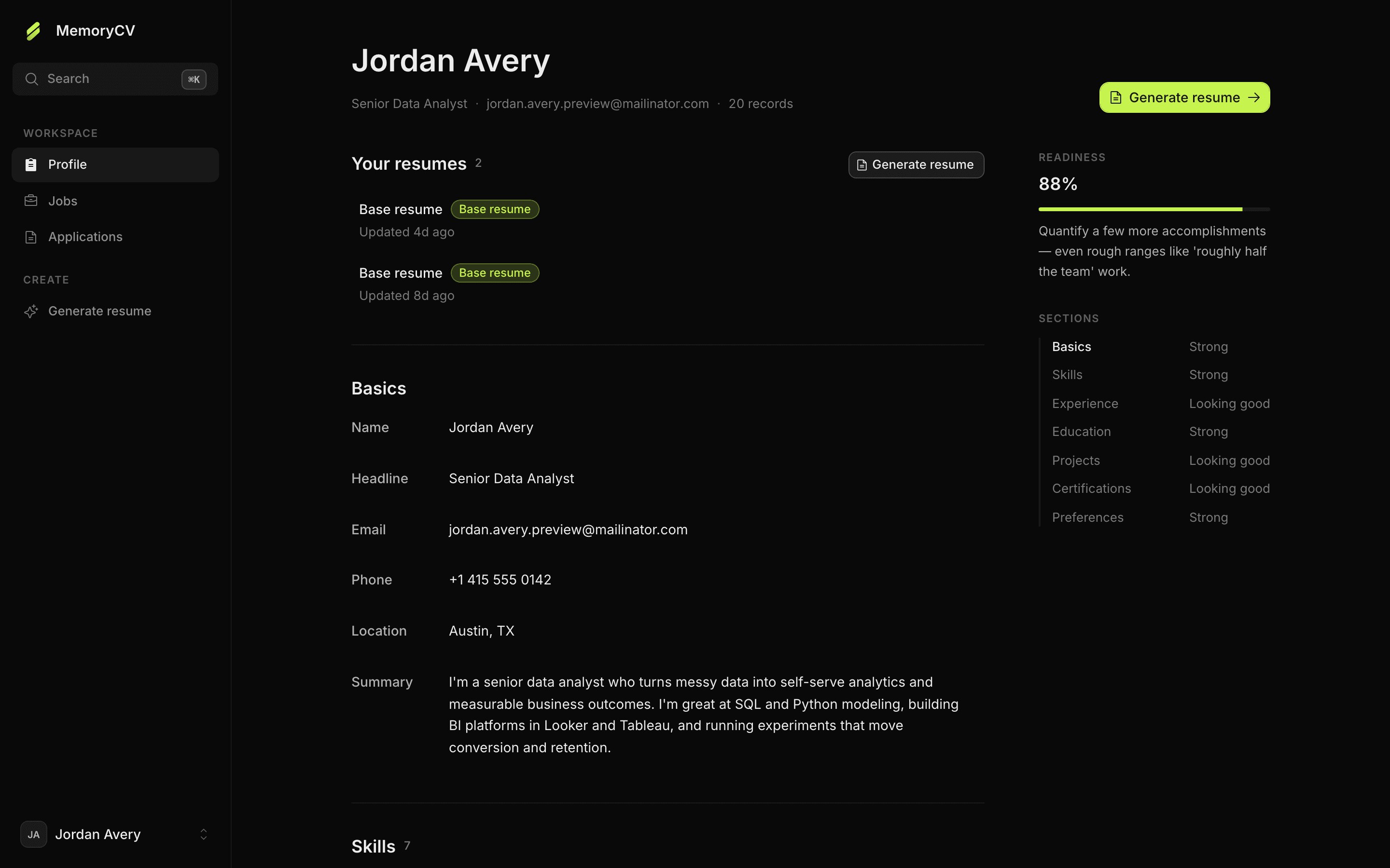 The MemoryCV career memory: saved facts with a readiness panel scoring each section.