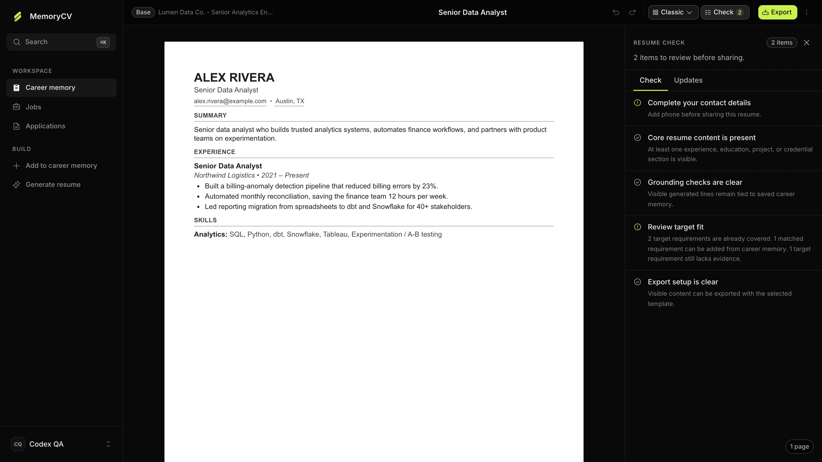 The MemoryCV résumé editor with Resume Check open, showing two target requirements covered, one addable from career memory, and one honest evidence gap.